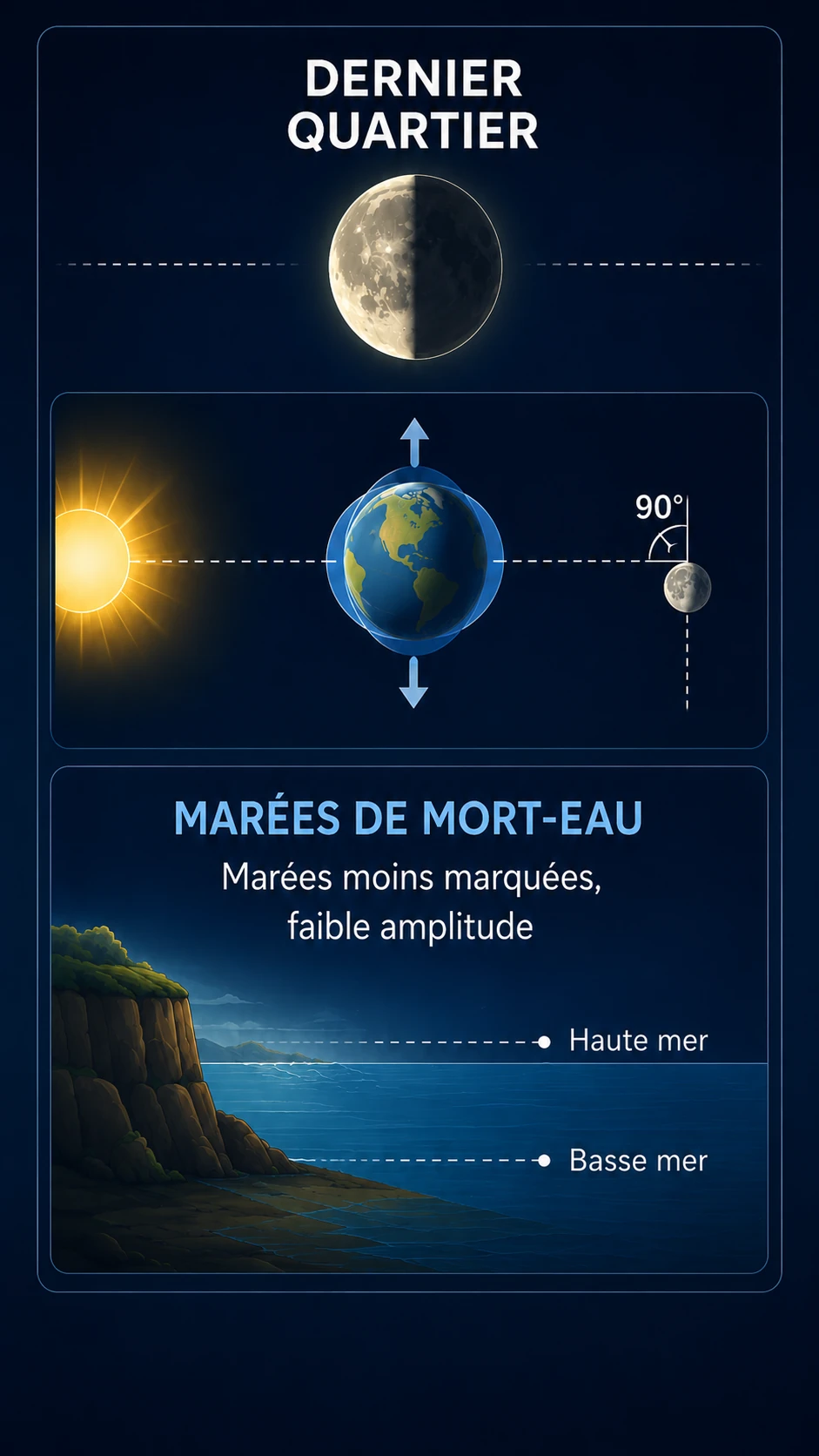 Schéma du dernier quartier montrant des marées de morte-eau avec amplitude plus faible