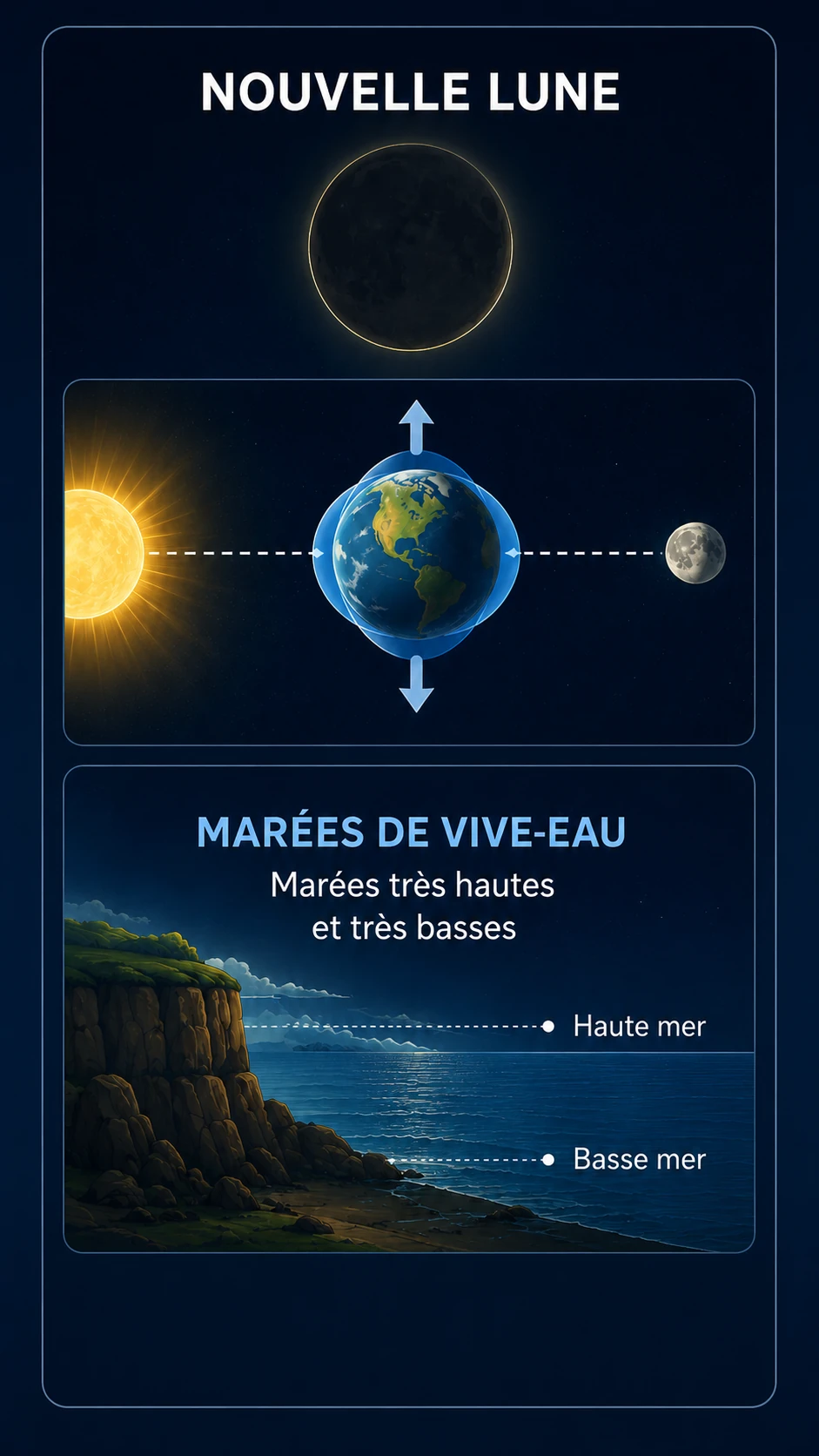 Schéma de la nouvelle Lune montrant des marées de vive-eau, avec marée haute et basse mer