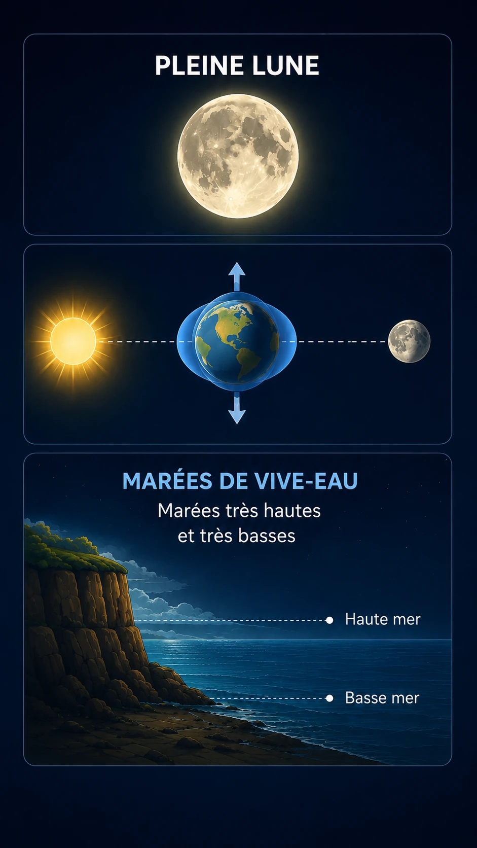 Schéma de la pleine Lune montrant des marées de vive-eau, avec marée haute et basse mer