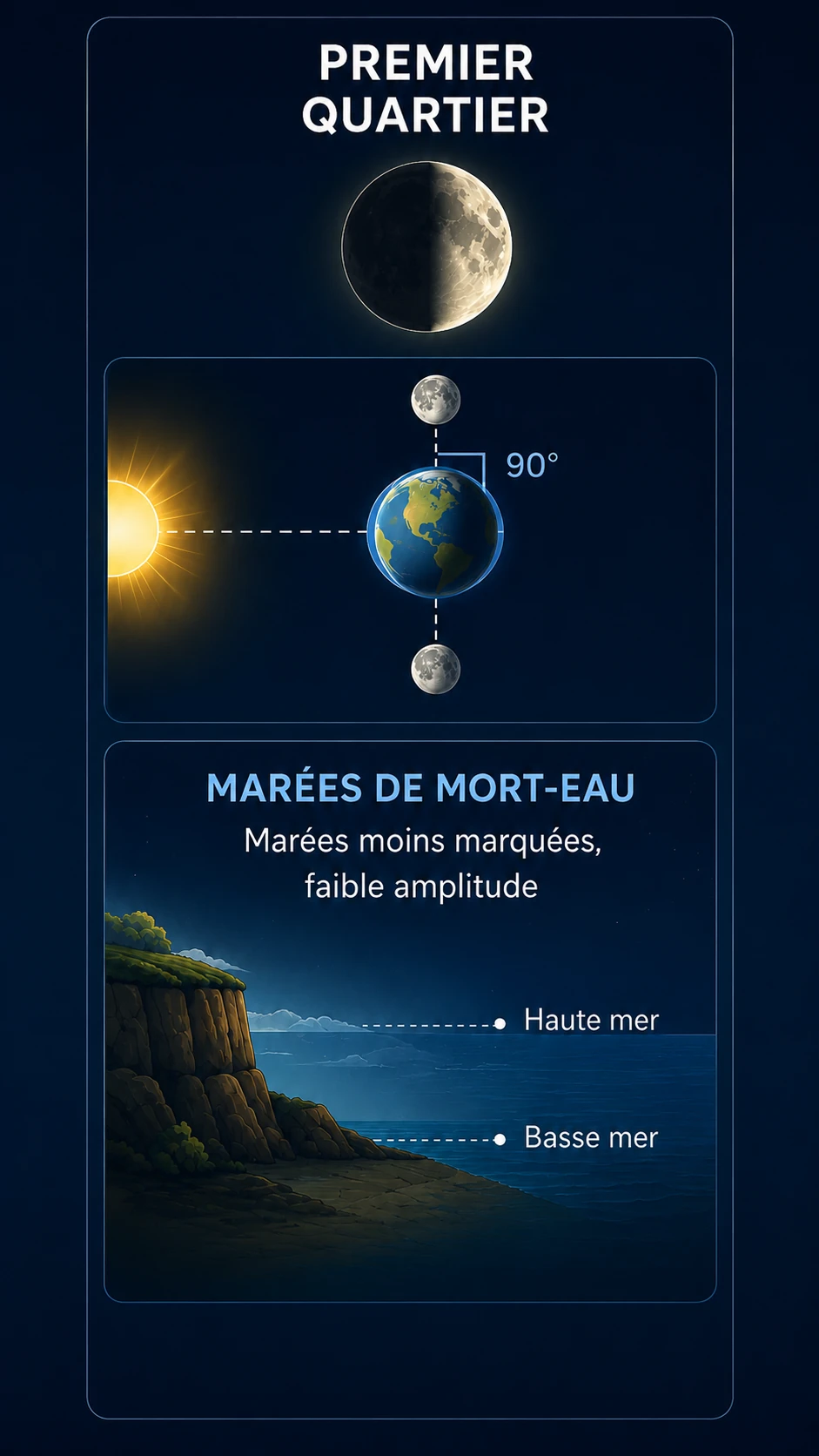 Schéma du premier quartier montrant des marées de morte-eau avec amplitude plus faible