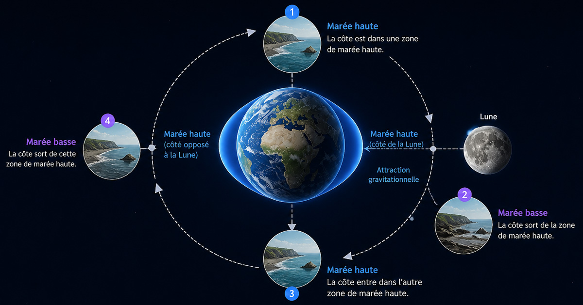 Cycle des marées : deux marées hautes et deux marées basses par jour causées par l’attraction de la Lune