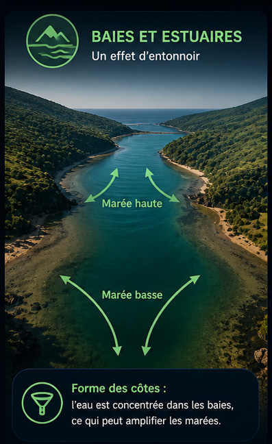 Schéma des marées amplifiées dans les baies et estuaires
