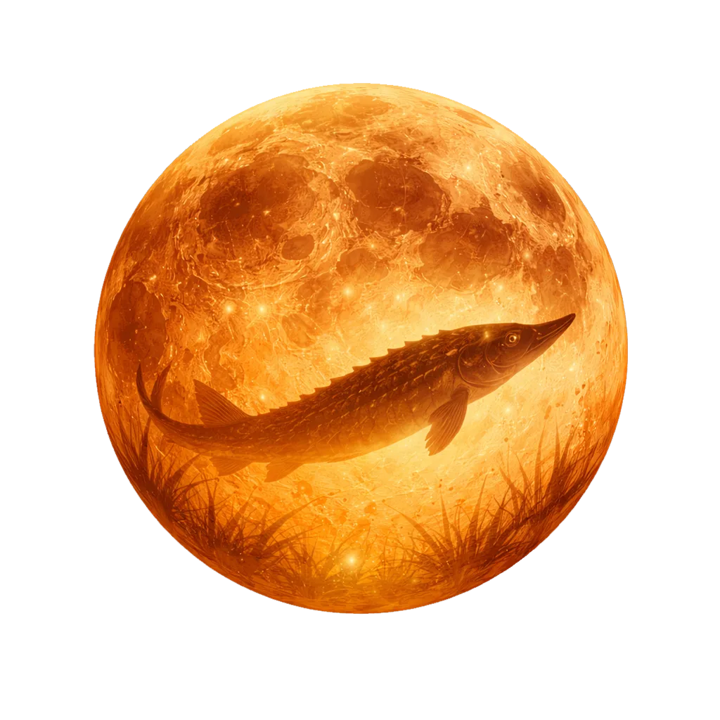 Lune de l’Esturgeon avec silhouette d’esturgeon intégrée dans la pleine lune