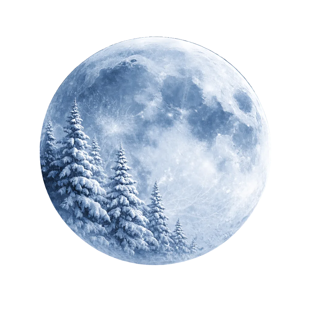 Lune des Neiges avec paysage hivernal ou silhouette dans la pleine lune