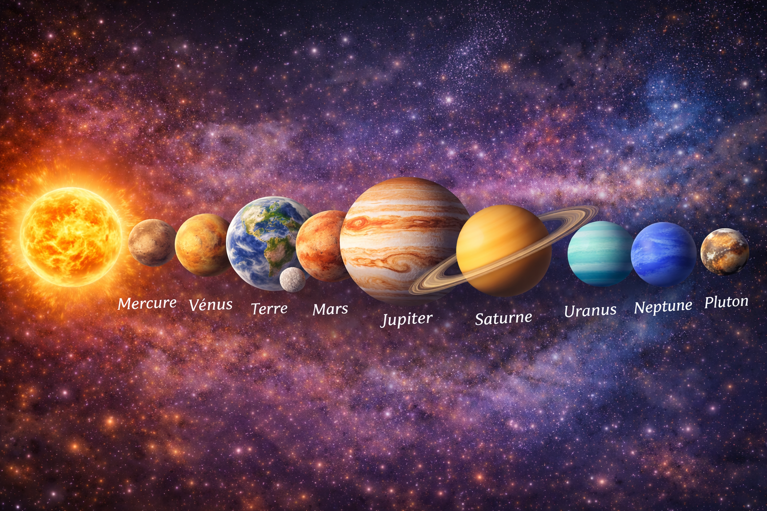 Système solaire avec les planètes dans l’ordre, de Mercure à Pluton, avec la Lune près de la Terre